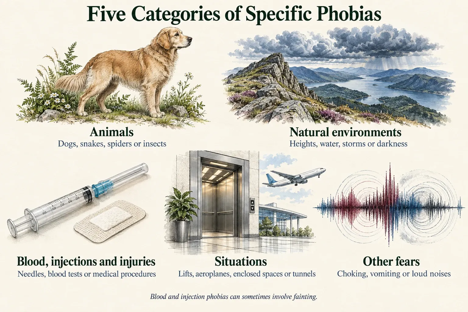 image showing 5 categories of specific phobias