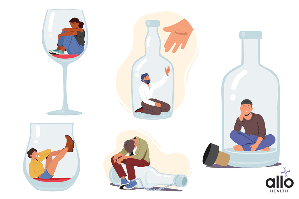 Set of People with Alcohol Addiction. Concept with Male and Female Characters Sitting on Wineglass or Bottle Bottom