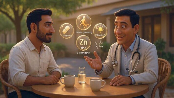 Doctor explaining evidence-based supplements like L-arginine, ginseng, zinc, and L-carnitine while discussing the best supplement erectile dysfunction support