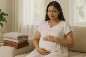 Pregnant woman in a loose white dress sitting peacefully with folded blankets beside her.