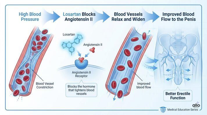 A medical infographic illustrating how losartan improves blood flow and reduces losartan sexual side effects by blocking angiotensin II and relaxing blood vessels.
