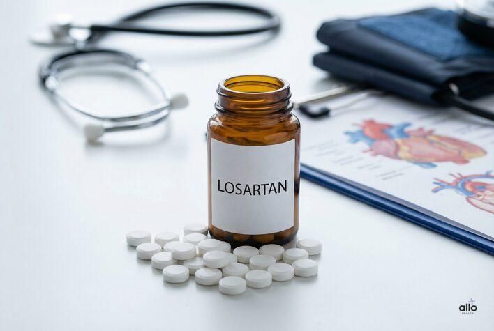 A prescription bottle labeled Losartan with tablets scattered around it, representing losartan sexual side effects and how the medication affects men’s health.