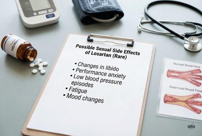 A medical clipboard listing possible sexual side effects of losartan, including libido changes and performance anxiety, illustrating losartan sexual side effects clearly.
