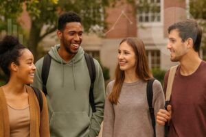 Diverse college students chatting warmly on campus with subtle research graphs in the background, symbolizing genuine connection and height=