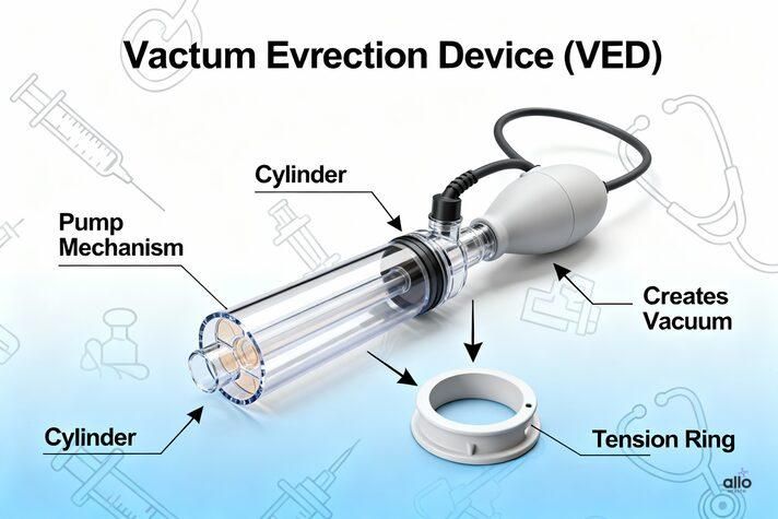Medical-style illustration of a vacuum erection device showing cylinder, pump mechanism, and tension ring, one of the most effective sex toys for erectile dysfunction.