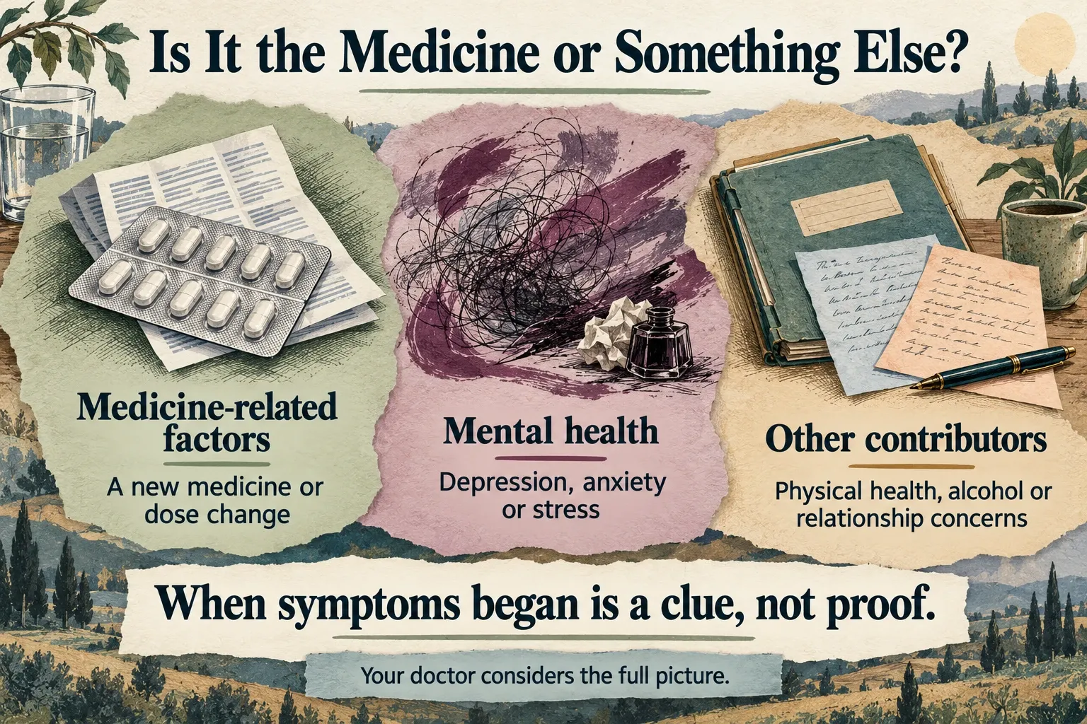 Illustrated collage showing medicine-related factors, mental health and other possible contributors to sexual difficulties.