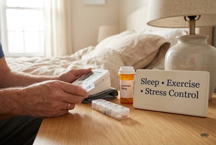 A bedside table with a losartan bottle, pill organizer, and blood pressure monitor, showing how lifestyle changes can help reduce losartan sexual side effects.