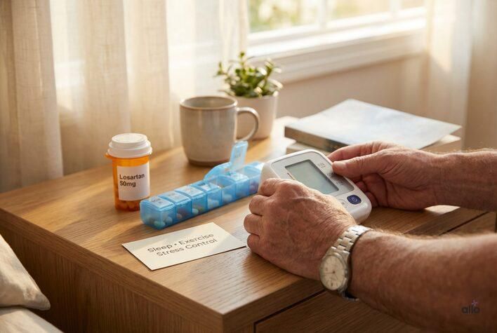 A bedside table with a losartan bottle, pill organizer, and blood pressure monitor, showing how lifestyle changes can help reduce losartan sexual side effects.