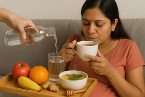 Pregnant woman sipping herbal tea with fruits, soup, and water being poured on a tray.