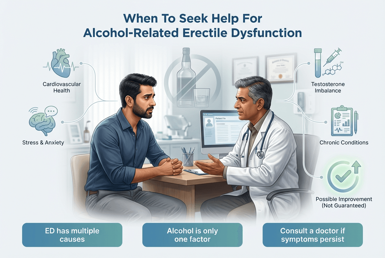 Infographic explaining when to seek medical help for alcohol-related erectile dysfunction, showing that quitting drinking may not fully resolve ED caused by cardiovascular issues, stress, anxiety, hormonal imbalance, or chronic disease