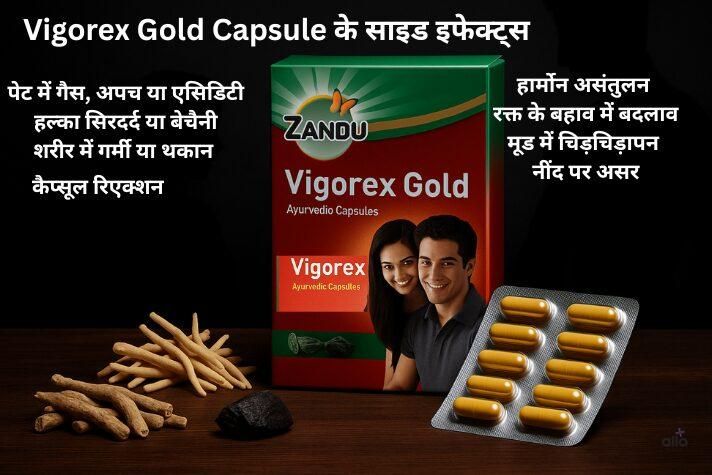 Vigorex Gold Capsule से जुड़े संभावित साइड इफेक्ट्स दर्शाता इमेज — पेट में गैस, अपच, सिरदर्द और शरीर में गर्मी जैसी समस्याएँ — साथ में चेतावनी कि बिना डॉक्टर की सलाह इसके लंबे समय तक इस्तेमाल से स्वास्थ्य पर नकारात्मक असर पड़ सकता है।