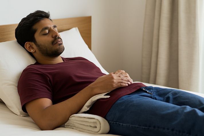 Indian man lying on a bed with a towel placed under his groin for elevation, showing a calm, resting posture.