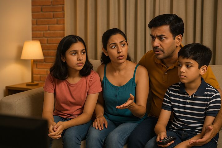 An Indian family of four—father, mother, daughter, and son—sits on a living room sofa having a serious discussion while watching television, highlighting responsible media consumption and family media literacy.