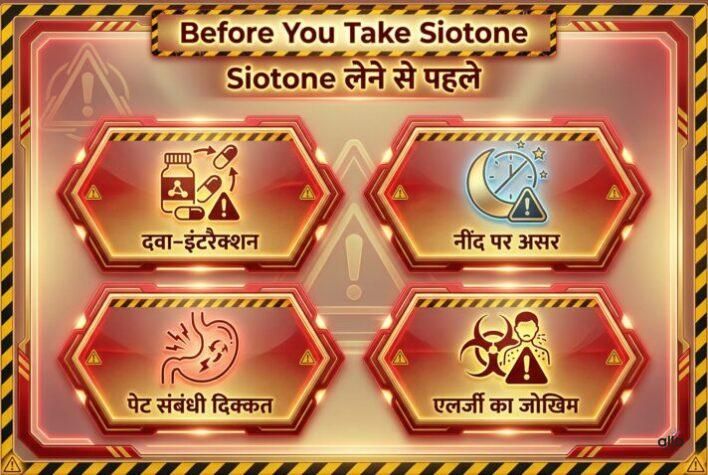 Siotone lene se pehle ki saavdhaniyon ka warning infographic.