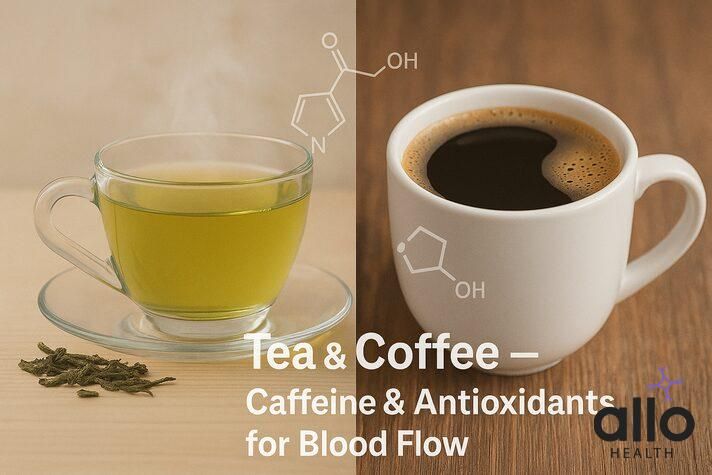 Cup of tea and coffee shown as the best drink for erectile dysfunction when consumed in moderation, supporting blood flow through caffeine and antioxidants.