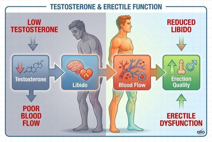 Low testosterone ka libido, blood flow aur erection par asar dikhata diagram