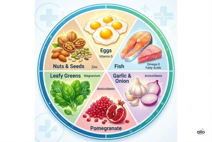Testosterone support karne wale foods jaise eggs, fish, nuts aur sabziyan