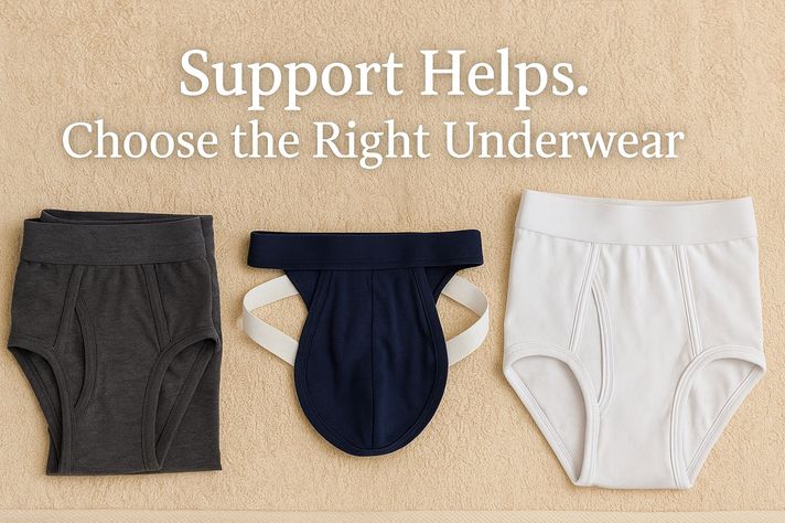 Flat lay of three types of men&#x27;s underwear on a towel with text encouraging supportive wear.