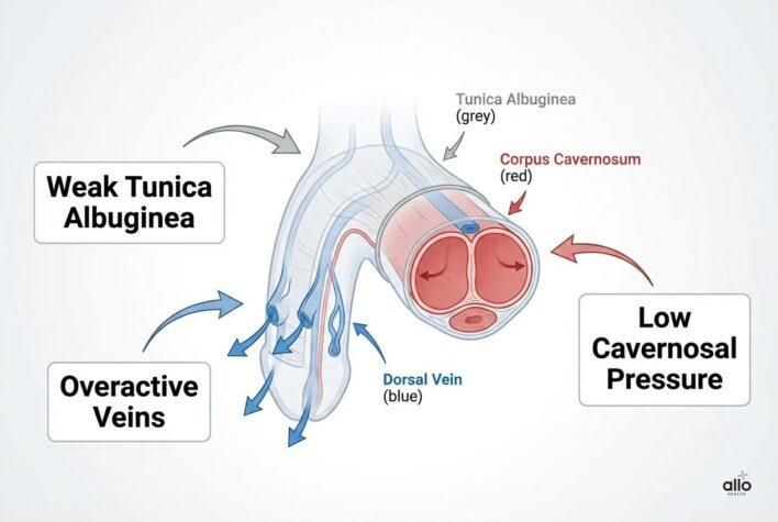 Venogenic erectile dysfunction ke kaaran jaise weak tunica aur venous leak