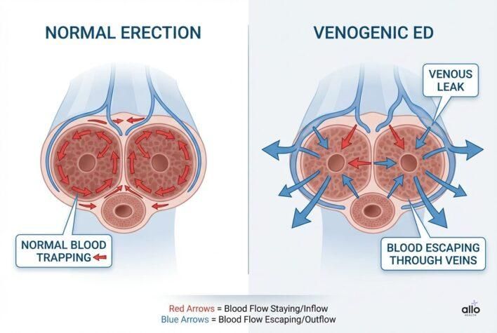 Normal erection aur venogenic ED ke beech blood flow ka antar