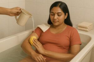 Pregnant woman taking a lukewarm sponge bath, with water being poured on her shoulder and a towel nearby.