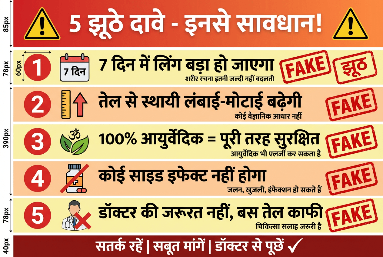 “Ling vardhak tel ke 5 jhoothe daave: 7 din mein ling bada, permanent size, zero side effects jaise claims”