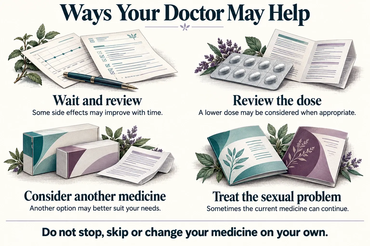 Infographic showing options for managing sexual side effects: reviewing progress, adjusting the dose, considering another medicine or treating the sexual problem.