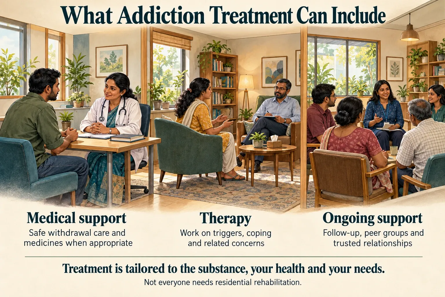 addiction treatment includes medical support, therapy and ongoing support