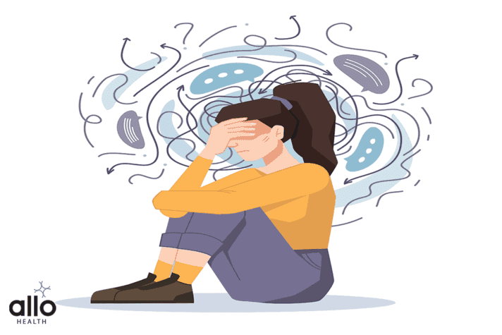 Anxiety, woman fears and phobias, thoughts get confused and crushed isolated girl sitting on floor with headache due to Anorgasmia Achieving Orgasm During Sex
