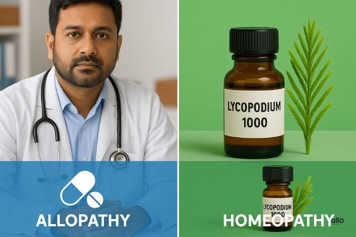 Alt text: Lycopodium 1000 uses in Hindi – बाईं ओर एलोपैथिक डॉक्टर और दवाइयाँ, दाईं ओर होम्योपैथिक Lycopodium 1000 की बोतल और हरे पौधे के साथ तुलना