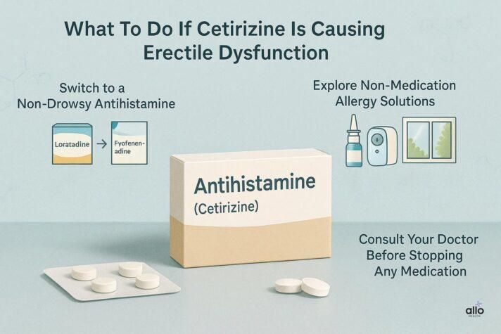 “Educational infographic explaining steps to take if cetirizine causes erectile dysfunction, including switching to non-drowsy antihistamines, lifestyle changes, and consulting a doctor.”