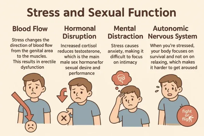 medical illustration showing how can stress cause impotence and hinder sexual function by damaging blood flow, hormones, mental distraction and disturbing nervous system