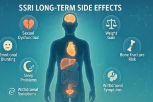 Infographic showing SSRI long-term side effects with human silhouette and glowing icons: sexual dysfunction, emotional blunting, weight gain, sleep problems, bone fracture risk, gastrointestinal issues, withdrawal symptoms, and cognitive issues.