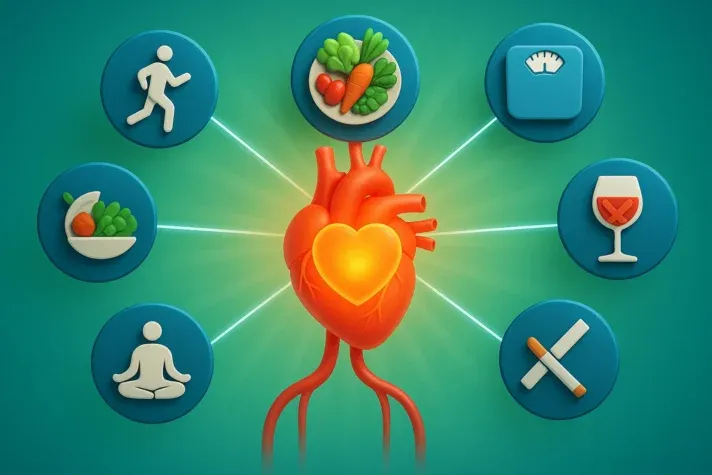 Infographic showing lifestyle changes for better blood pressure and sexual health: exercise, healthy diet, weight management, limiting alcohol, quitting smoking, stress management, and meditation around a glowing heart. Keywords: lisinopril erectile dysfunction, does lisinopril cause impotence, lisinopril sexual side effects.