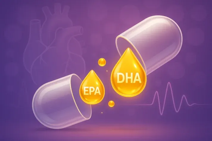 Omega-3 fatty acids illustration showing EPA and DHA capsules with glowing oil droplets, purple background, and heart health symbol in semi-realistic 3D style.&#x22; 
