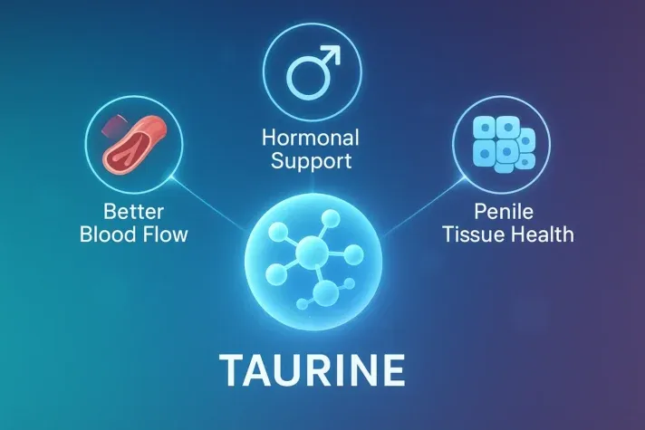 &#x22;Infographic showing taurine benefits for erectile function with three icons: improved blood flow, hormonal support, and penile tissue health.&#x22;