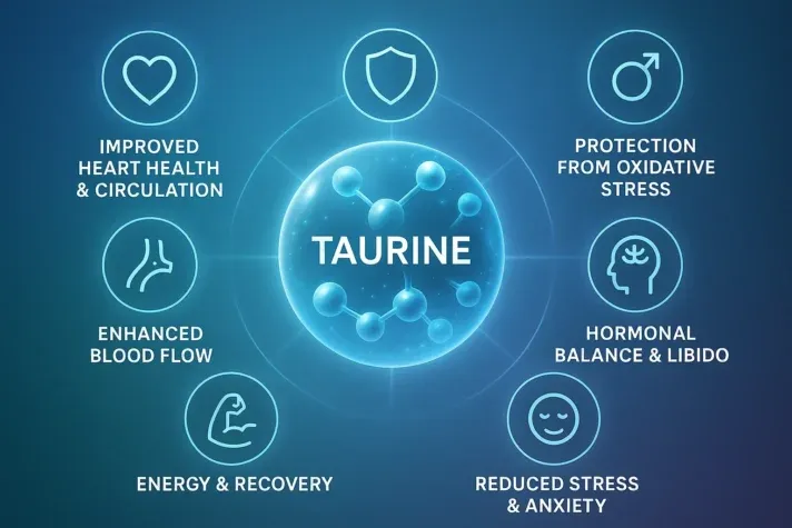 &#x22;Infographic showing taurine benefits for sexual health including improved heart health, enhanced blood flow, protection from oxidative stress, hormonal balance, energy, and reduced stress.&#x22;