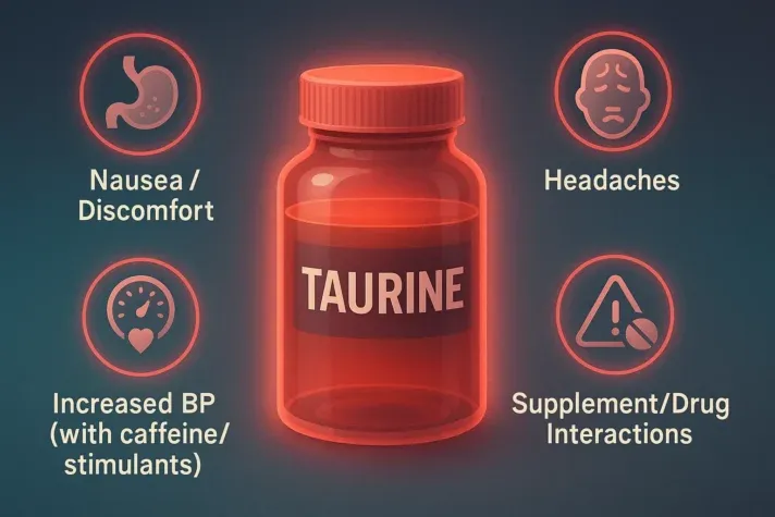 &#x22;Infographic of taurine side effects showing nausea, headaches, increased blood pressure with caffeine, and supplement or drug interactions.&#x22;
