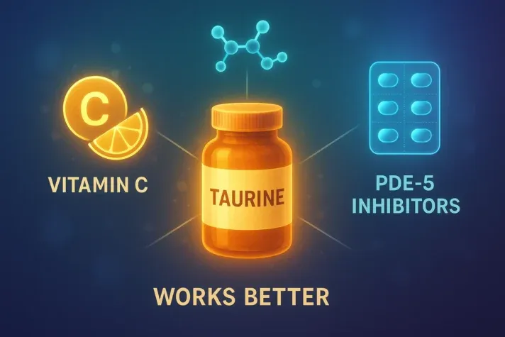 &#x22;Infographic showing taurine supplement bottle with combination therapy benefits, highlighting synergy with vitamin C and PDE-5 inhibitors for better erectile function.&#x22;