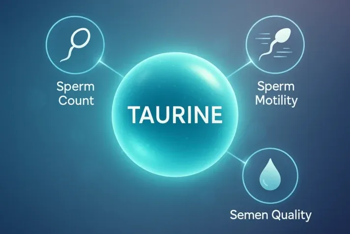 Infographic showing taurine’s impact on male reproductive health with three benefits: increased sperm count, improved sperm motility, and better semen quality.&#x22;
