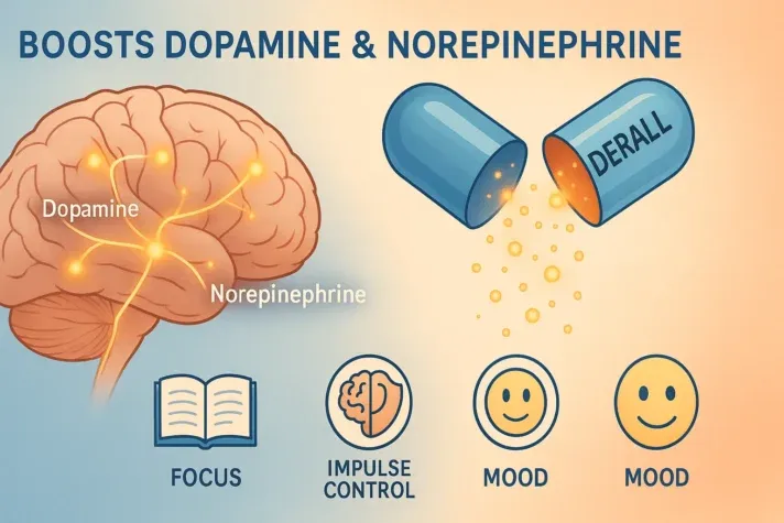 Infographic showing how Adderall boosts dopamine and norepinephrine. Illustration includes a brain with highlighted pathways for dopamine and norepinephrine, a capsule releasing glowing particles, and icons representing focus (open book), impulse control (brain with shield), and mood (smiley faces).