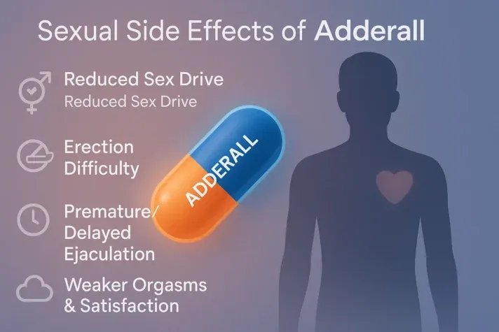 Infographic titled “Sexual Side Effects of Adderall” showing a glowing Adderall capsule next to a male silhouette. Listed effects include reduced sex drive, erection difficulty, premature or delayed ejaculation, and weaker orgasms and satisfaction.
