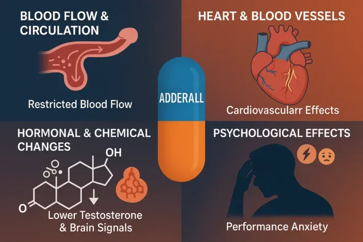 Infographic showing how Adderall can cause erectile dysfunction. Four factors are illustrated: restricted blood flow and circulation, heart and blood vessel cardiovascular effects, hormonal and chemical changes lowering testosterone and brain signals, and psychological effects such as performance anxiety.
