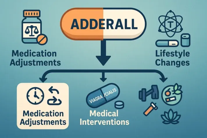 Infographic on managing Adderall-related erectile dysfunction. Central Adderall capsule points to three solutions: medication adjustments (dose, switch, timing), medical interventions (Viagra, Cialis, hormone therapy), and lifestyle changes (exercise, healthy diet, quitting smoking, stress management).