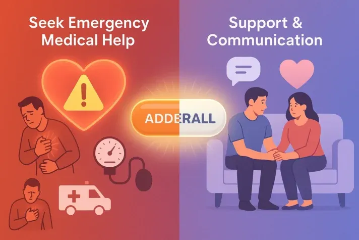 Infographic on Adderall use showing two sides: left with heart warning symbols for seeking emergency medical help in case of chest pain or blood pressure issues, and right with a couple sitting together to highlight support, communication, and relationship care.