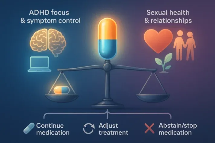 Infographic showing long-term considerations for Adderall use. A glowing Adderall capsule balances on a scale between ADHD focus &#x26; symptom control (brain and laptop icons) and sexual health &#x26; relationships (heart, couple, and plant icons). Bottom shows three options: continue medication, adjust treatment, or abstain/stop medication.