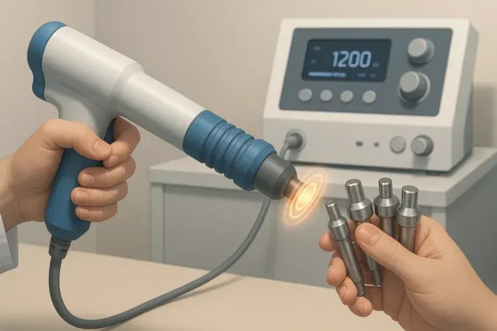 The image depicts a person holding a handpiece of a medical device, which appears to be part of a shockwave therapy machine. The device is used in various treatments, likely including those for erectile dysfunction (ED), where shockwave therapy is employed to improve blood flow to the affected area. The image shows several interchangeable metal tips for the handpiece, with one in use, emitting a soft glowing effect indicating treatment. The background includes a control panel with a digital display set at &#x22;1200&#x22;—possibly representing intensity or time settings.