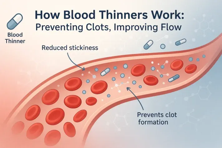 Semi-realistic medical illustration showing how blood thinners prevent clots by making blood less sticky and targeting clotting proteins inside a blood vessel.