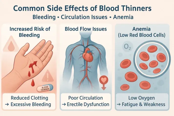 Semi-realistic medical infographic showing three common side effects of blood thinners — increased bleeding, poor blood flow to the penis, and anemia affecting energy and sexual function. 