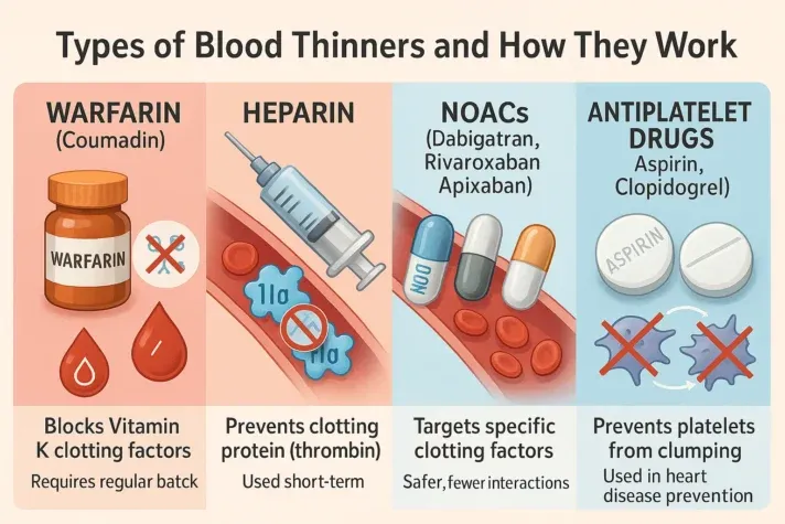 Semi-realistic infographic showing four main types of blood thinners — Warfarin, Heparin, NOACs, and Antiplatelet Drugs — with visuals of how each prevents blood clots and their key differences. 
